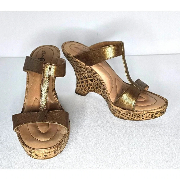 Born Crown BRONZE Leather SANDALS Cork Wedge Strappy Women’s Size 9 Boho - Picture 1 of 11
